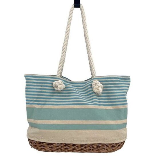 Striped Canvas Womens Wicker Tote Shoulder Beach Bag Blue & White Large NWOT - Picture 1 of 6